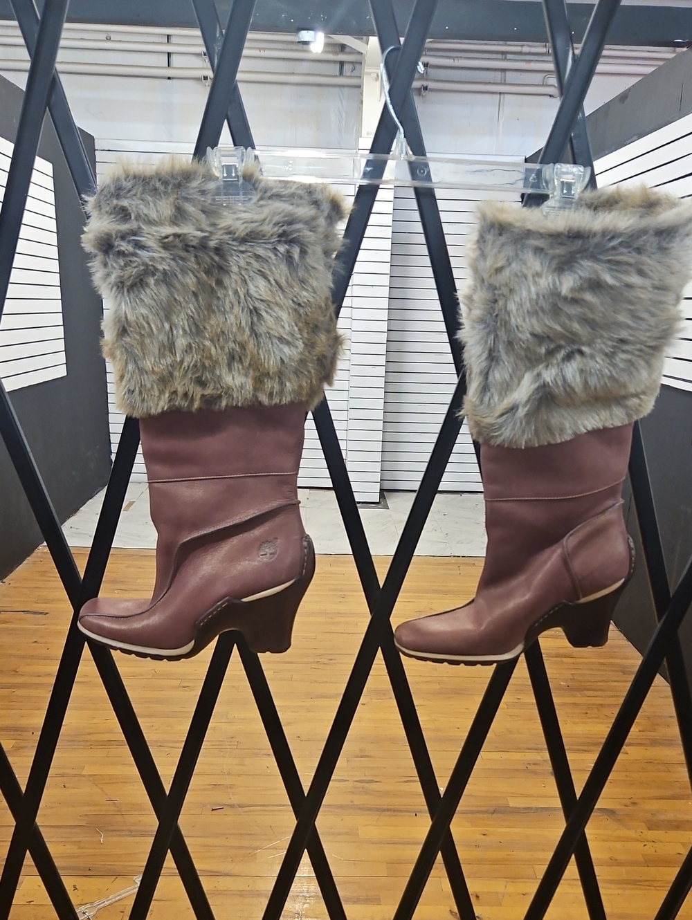 Faux Fur Cuff Mid-Calf Wedge Boots in Mauve Brown